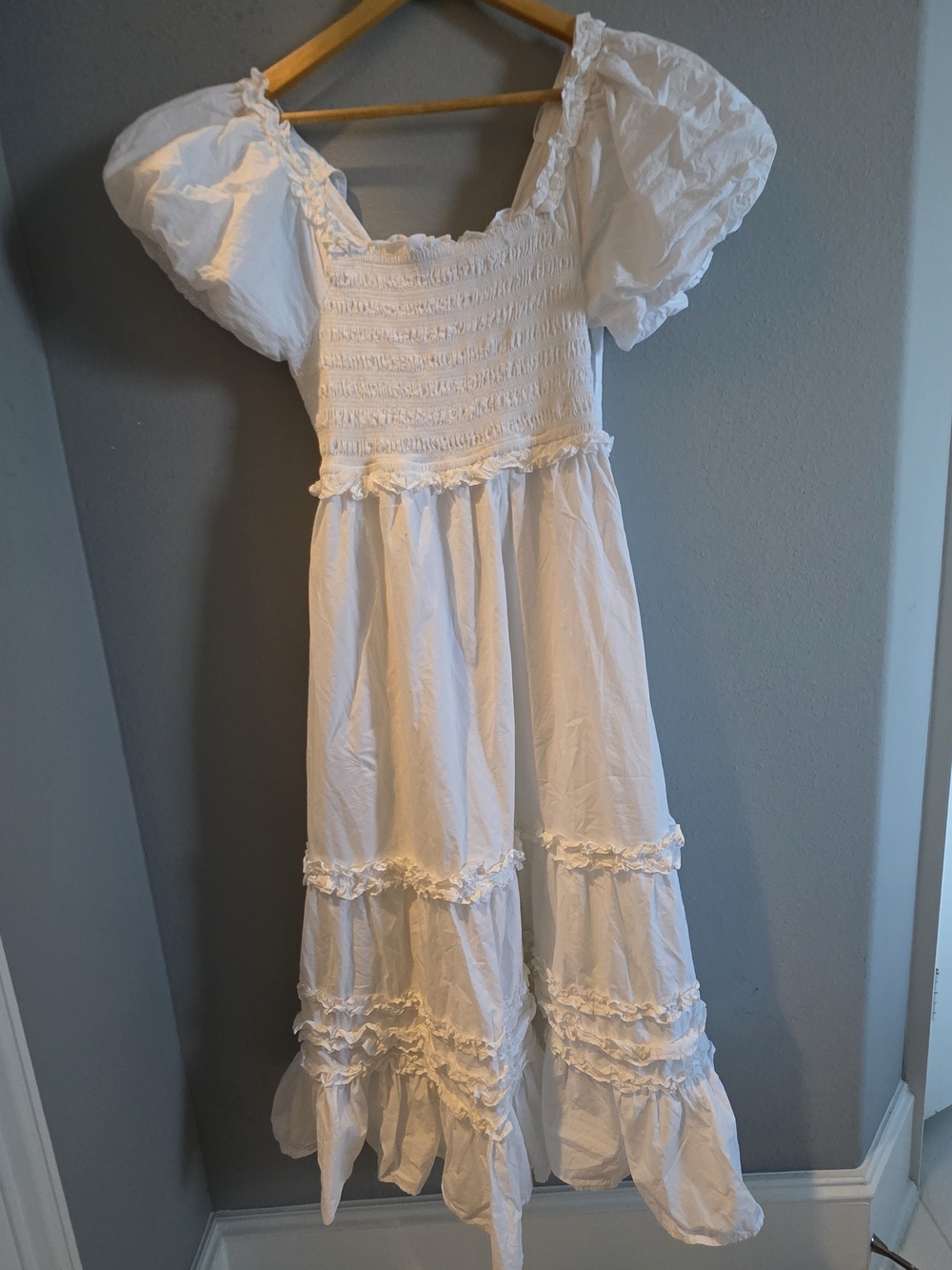 Cleobella White Smocked Midi Dress with Puff Sleeves